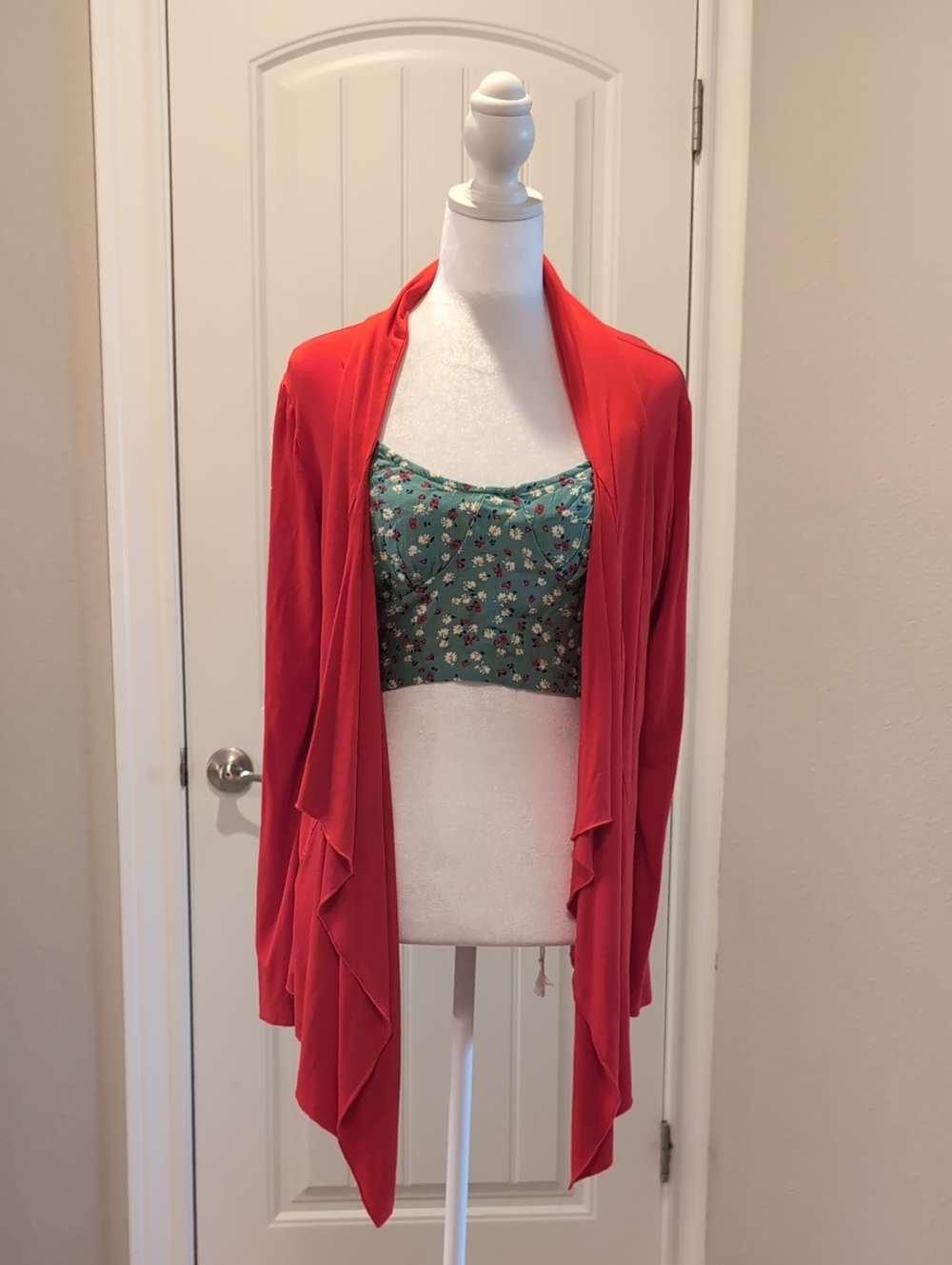 Red Draped Open-Front Women's Cardigan